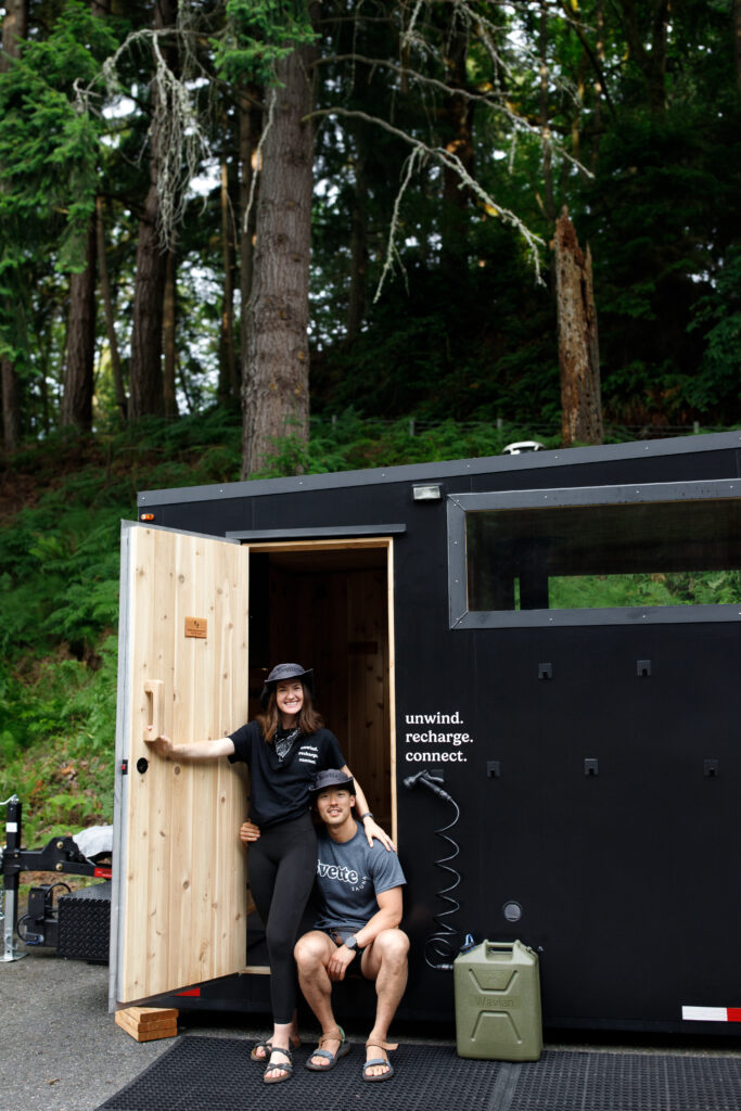 Hayley and Leon at the Svette sauna trailer on Owen Beach